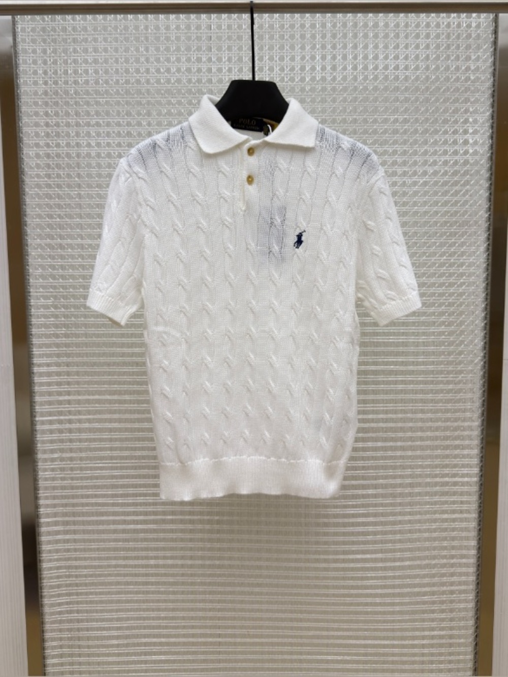 Polo by Ralph Lauren White Cable-Knit Short Sleeve Polo with Navy Logo